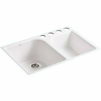 KOHLER EXECUTIVE CHEF UNDERMOUNT CAST IRON 33 IN. 4-HOLE DOUBLE BOWL KITCHEN SINK IN WHITE - 107226